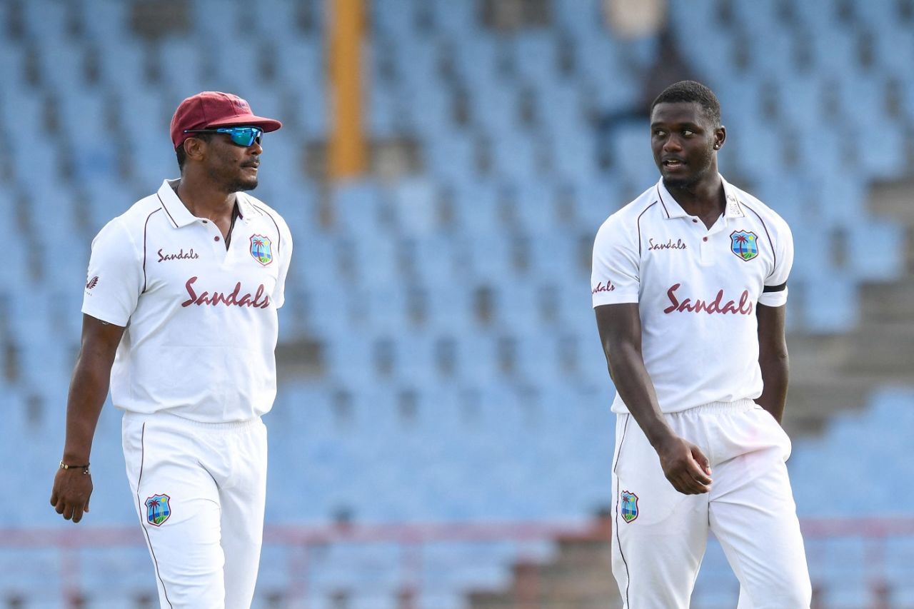 Shannon Gabriel and Jayden Seales having a chat, West Indies vs South Africa, 2nd Test, Gros Islet, 1st day, June 18, 2021