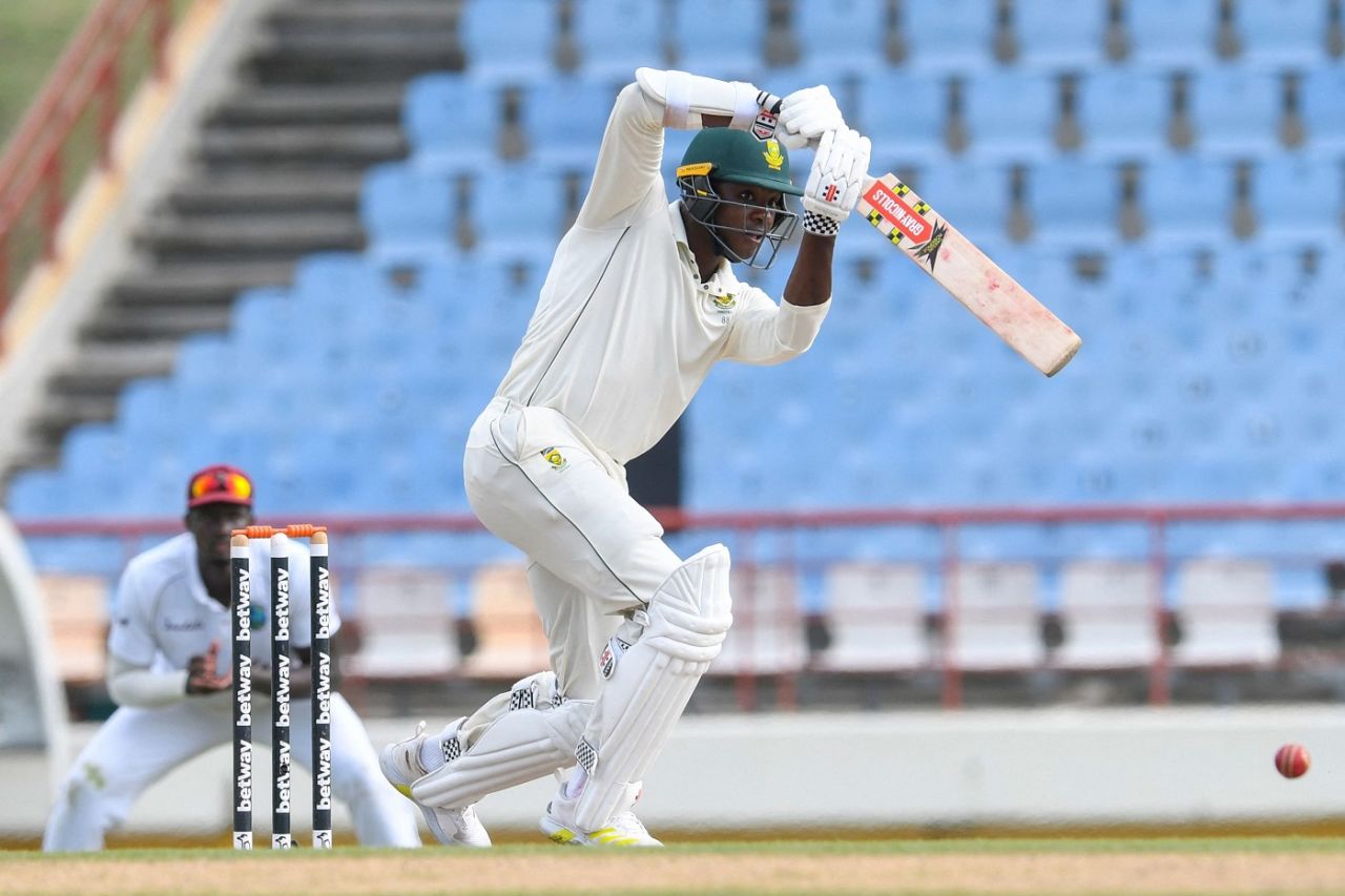Kagiso Rabada drives through the off side, West Indies vs South Africa, 2nd Test, Gros Islet, 3rd day, June 20, 2021
