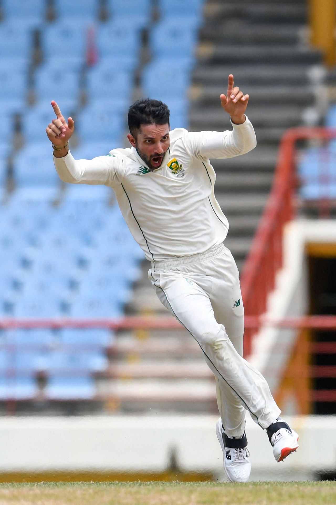 Keshav Maharaj celebrates his hat-trick, West Indies vs South Africa, 2nd Test, Gros Islet, 4th day, June 21, 2021
