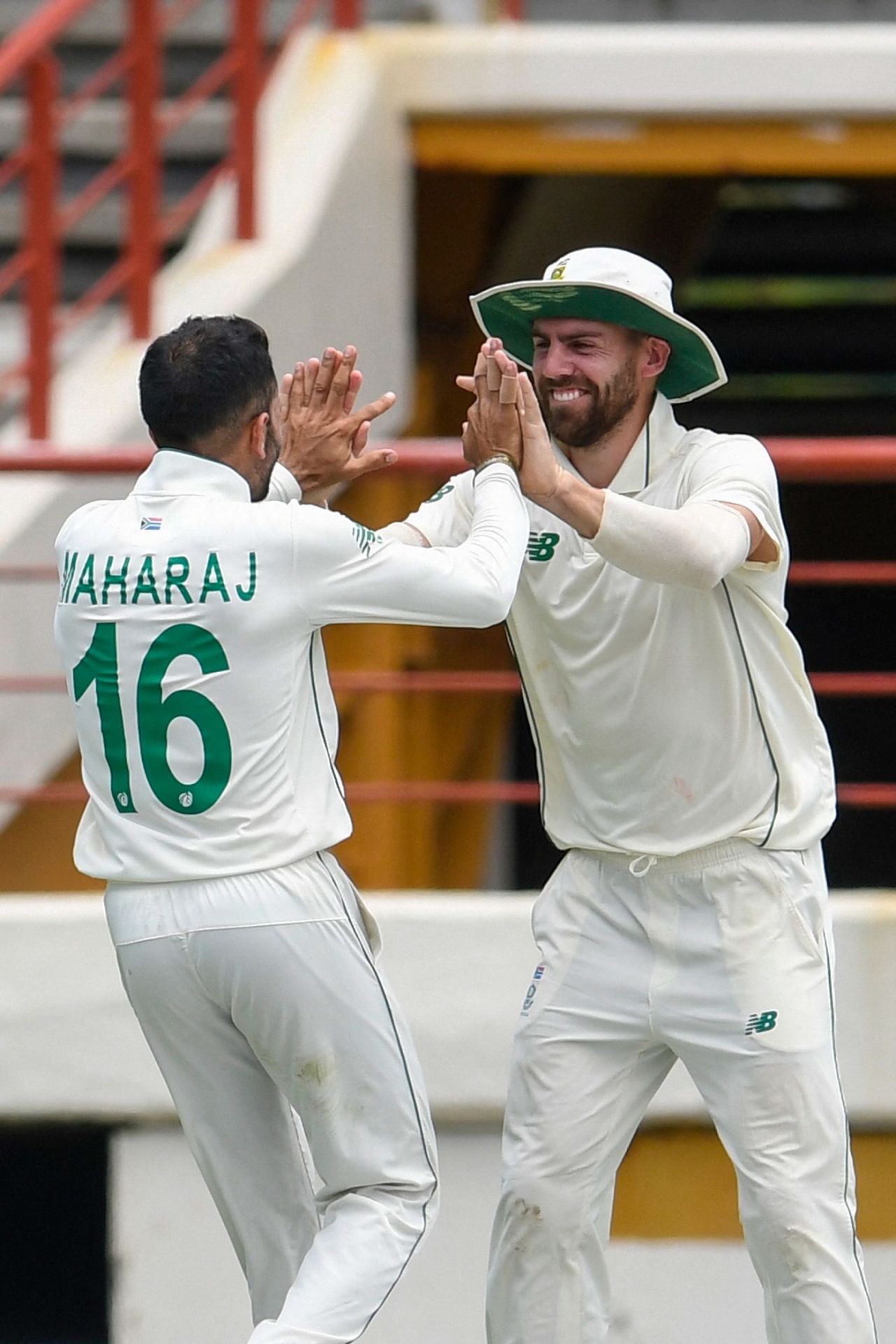 Keshav Maharaj and Anrich Nortje celebrate a wicket, West Indies vs South Africa, 2nd Test, Gros Islet, 4th day, June 21, 2021
