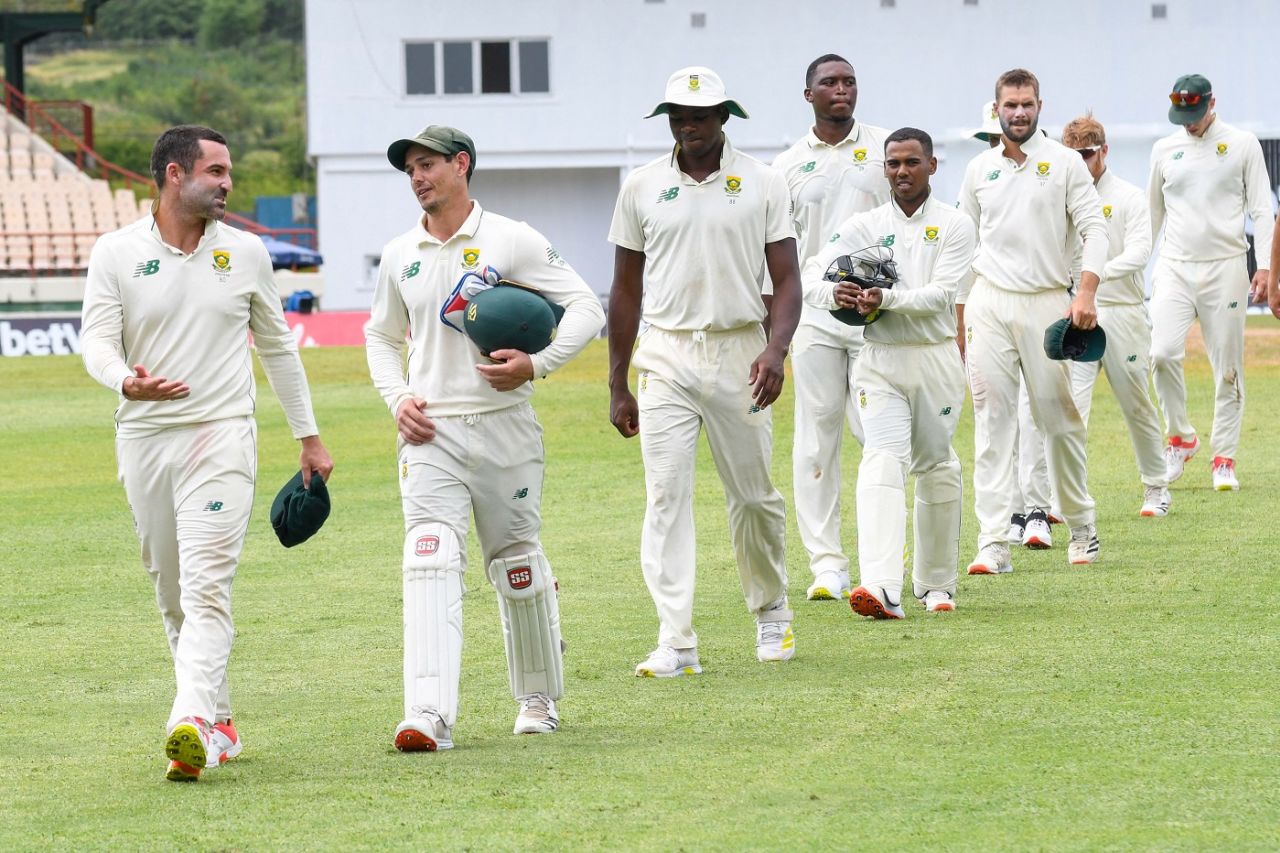 Dean Elgar and Quinton de Kock lead South Africa off the field after their win against West Indies, West Indies vs South Africa, 2nd Test, Gros Islet, 4th day, June 21, 2021
