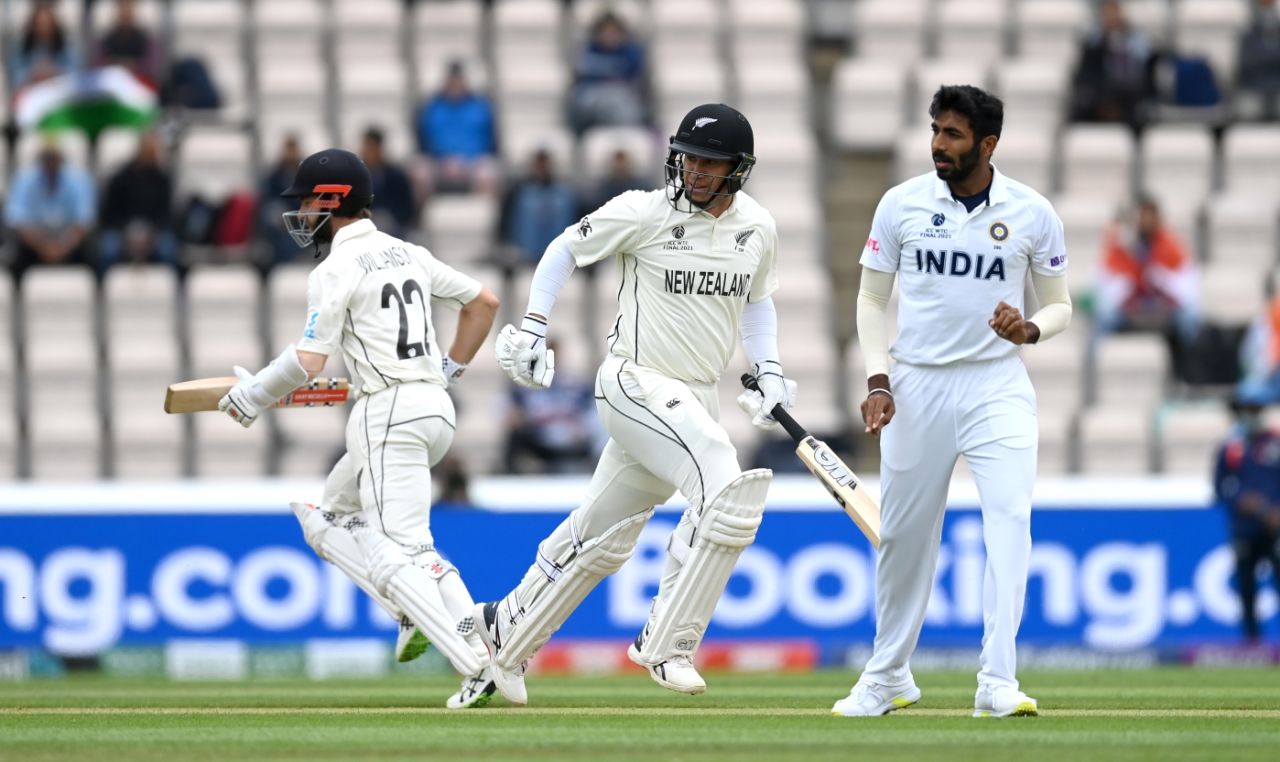 Kane Williamson and Ross Taylor cross for a run against Jasprit Bumrah, World Test Championship (WTC) final, 5th day, Southampton, June 22, 2021