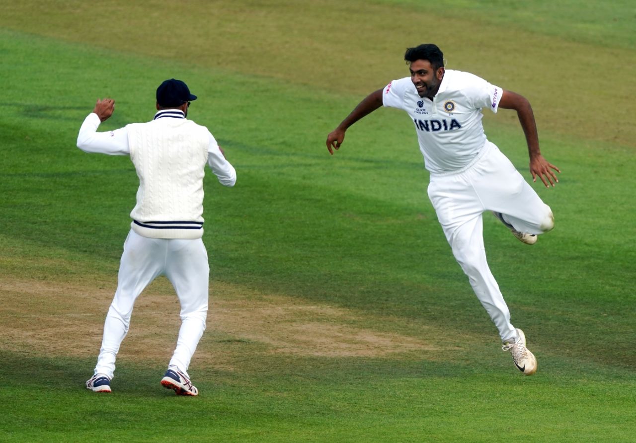 R Ashwin celebrates getting Kane Williamson - a lbw that was overturned on review, India vs New Zealand, World Test Championship (WTC) final, Southampton, Day 6 - reserve day, June 23, 2021