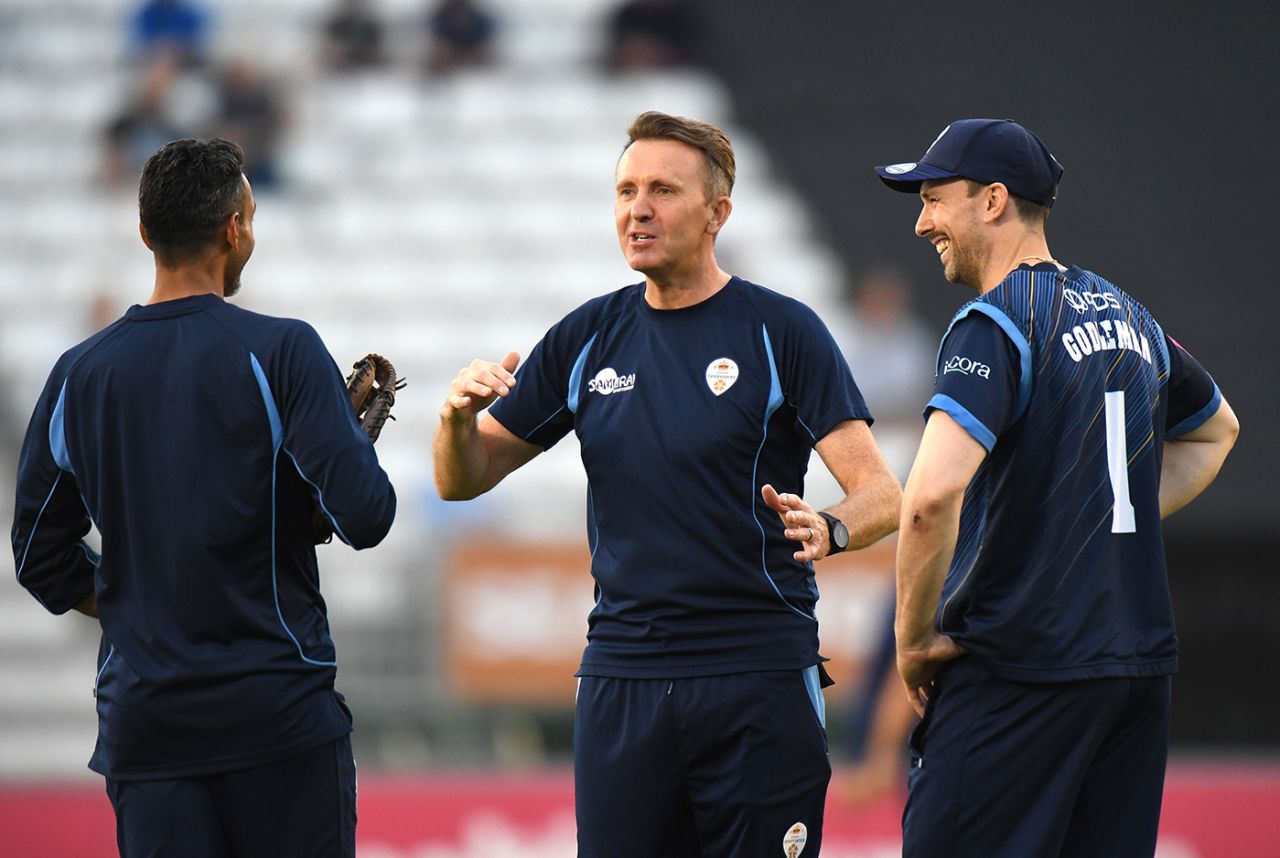 Ajmal Shahzad, Dominic Cork and Billy Godleman are all smiles, Derbyshire vs Northamptonshire, Vitality Blast, Derby, June 17, 2021