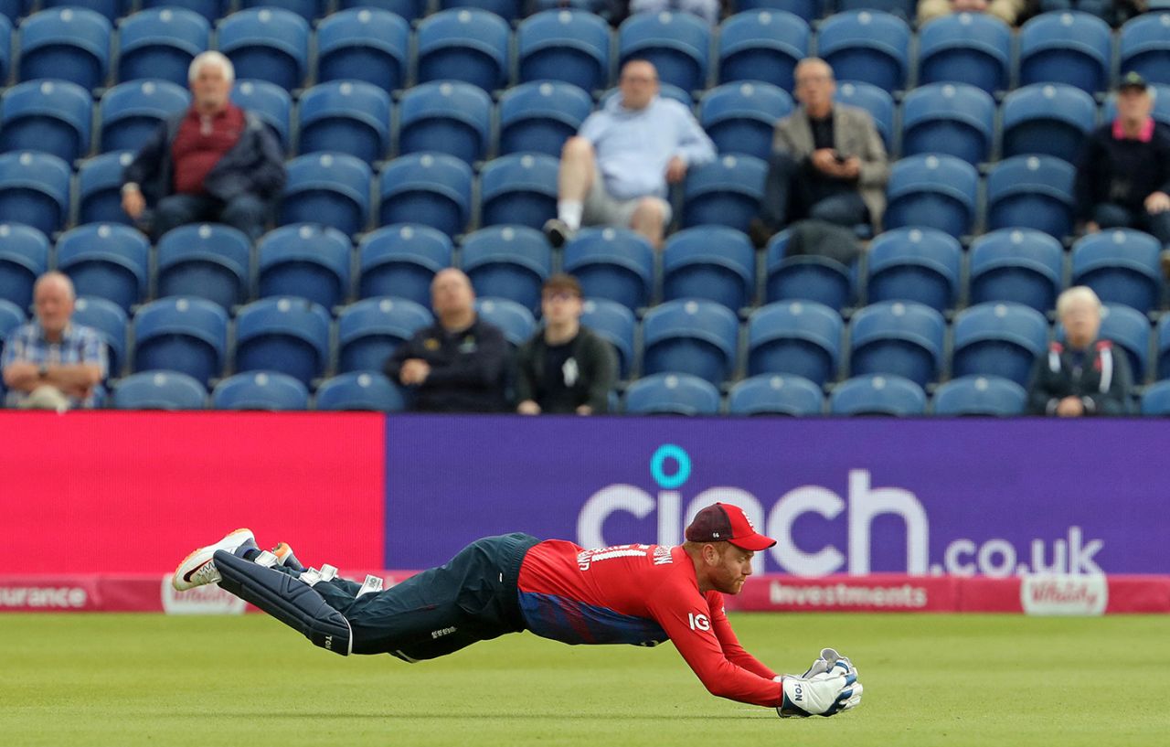 Jonny Bairstow completes a diving catch, England vs Sri Lanka, 2nd T20I, Cardiff, June 24, 2021