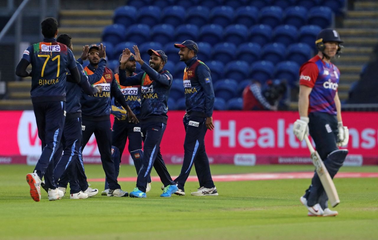 Eoin Morgan trudges off as Sri Lanka claim another wicket, England vs Sri Lanka, 2nd T20I, Cardiff, June 24, 2021