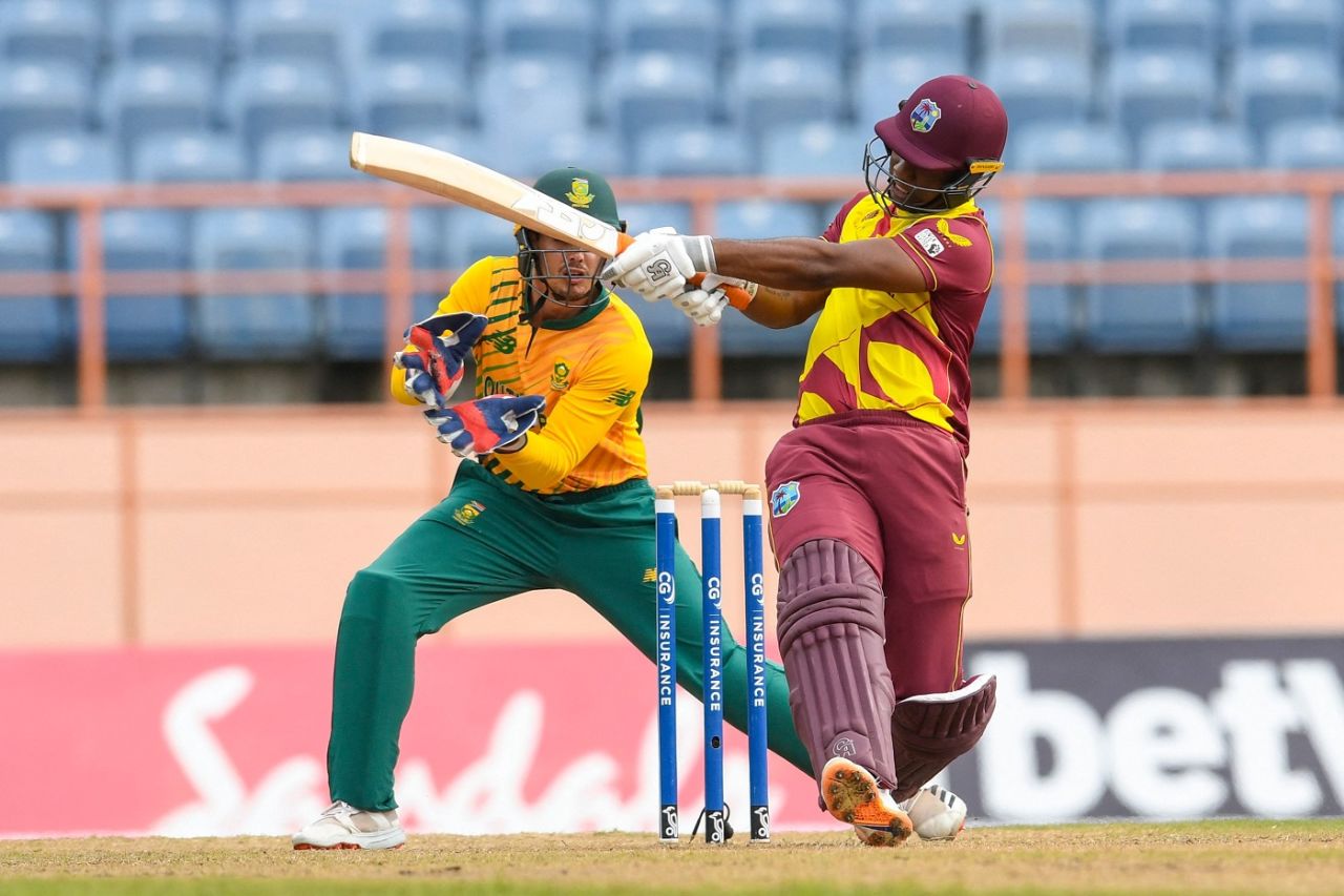 Evin Lewis pulls one away, West Indies vs South Africa, 1st T20I, St George's, June 26, 2021