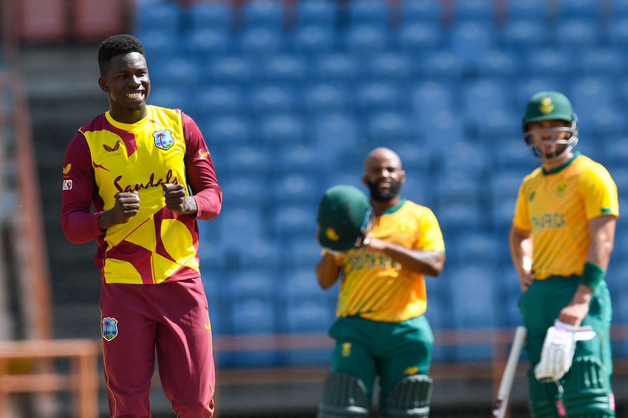 Kevin Sinclair celebrates a breakthrough, West Indies vs South Africa, 2nd T20I, St George's, June 27, 2021