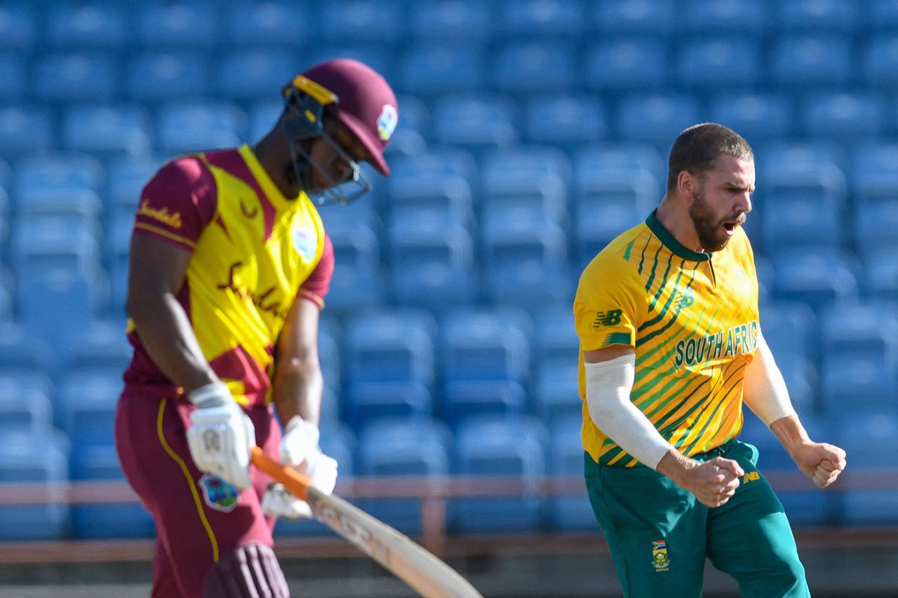 Anrich Nortje roars in celebration after removing Evin Lewis, West Indies vs South Africa, 2nd T20I, St George's, June 27, 2021