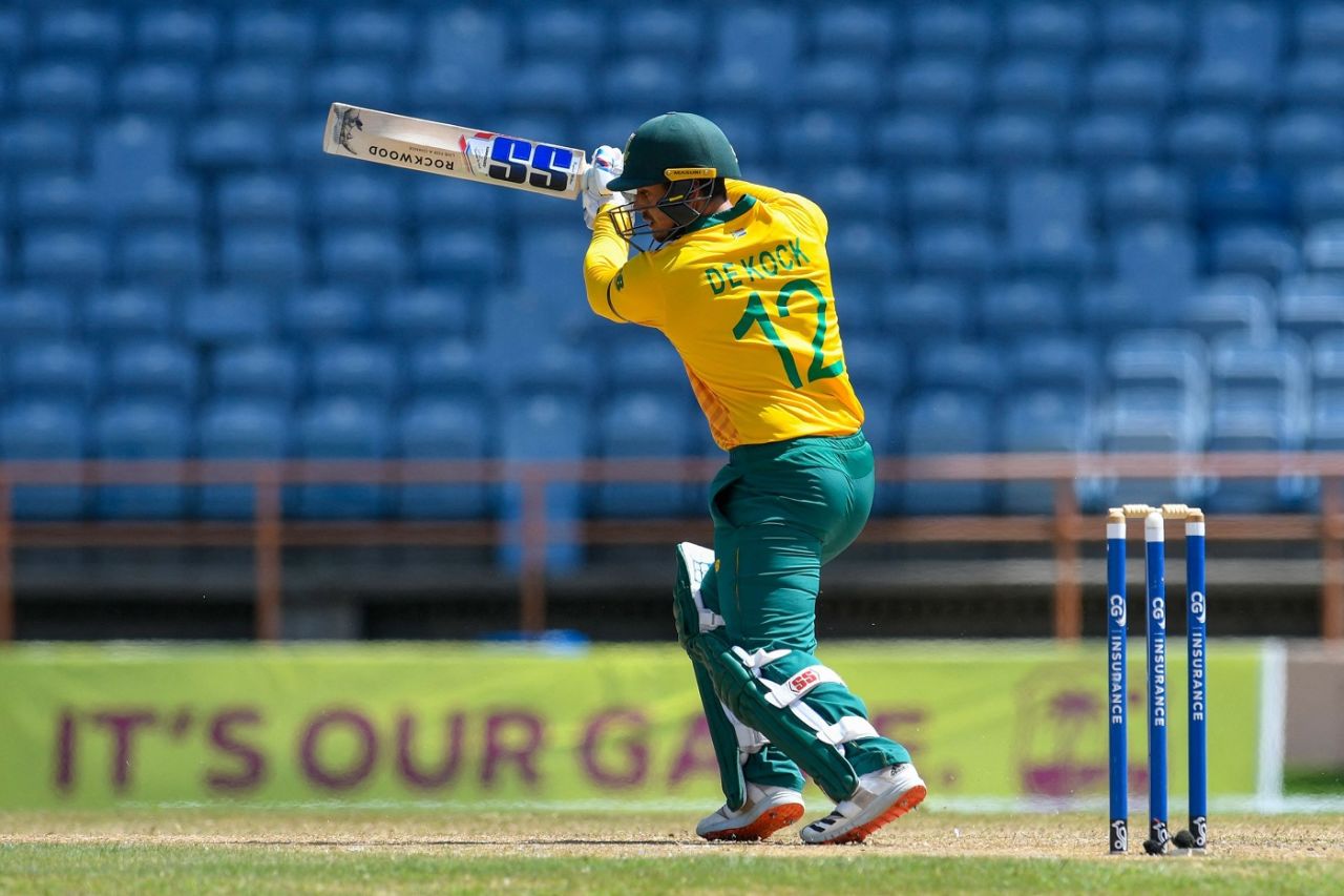 Quinton de Kock plays one on the off side, West Indies vs South Africa, 3rd T20I, St George's, June 29, 2021 