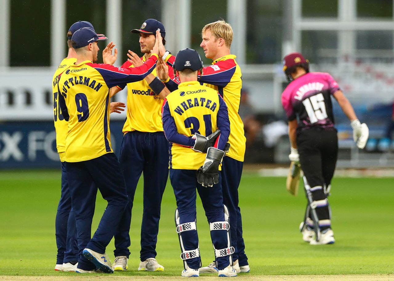 Simon Harmer celebrates with team-mates after bowling Tom Lammonby, Vitality T20 Blast, Essex vs Somerset, Chelmsford, June 29, 2021