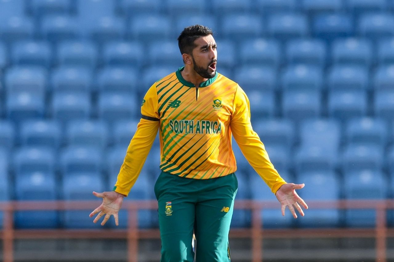 Tabraiz Shamsi celebrates the wicket of Evin Lewis, West Indies v South Africa, 3rd T20I, St George's, June 29, 2021