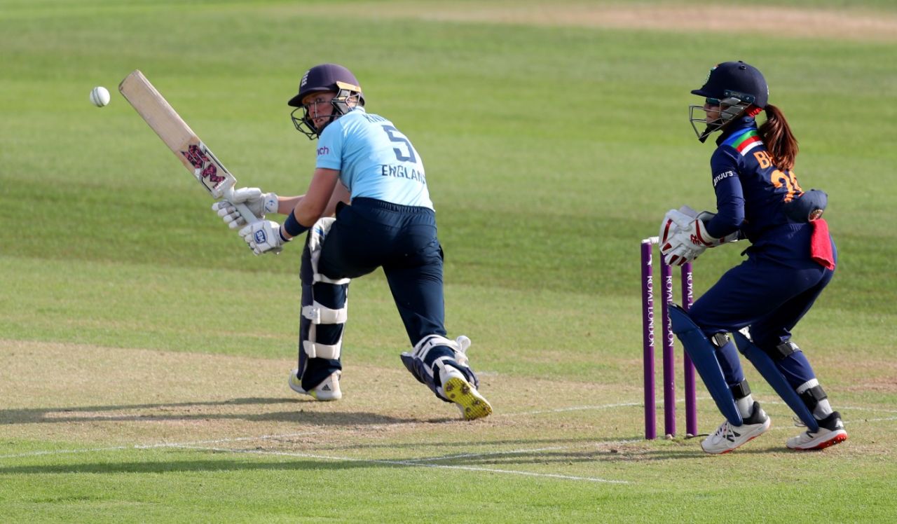 Heather Knight sweeps during the second ODI, England vs India, 2nd Women's ODI, Taunton, June 30, 2021