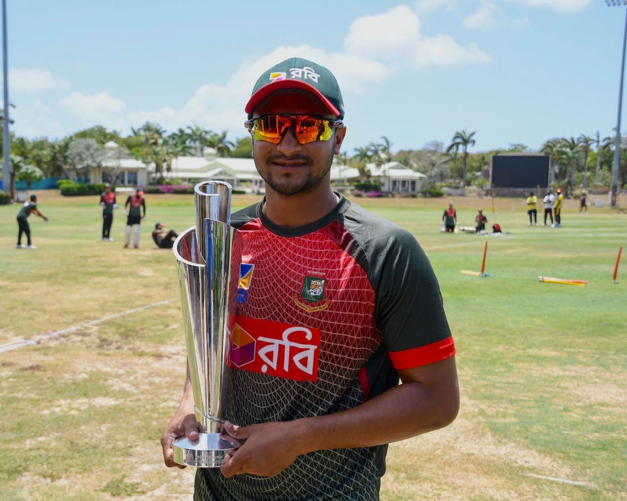 Shakib Al Hasan with the ICC Women's World T20 trophy ahead of the first Test, West Indies vs Bangladesh, Coolidge Cricket Ground, Coolidge, Antigua, on July 3, 2018