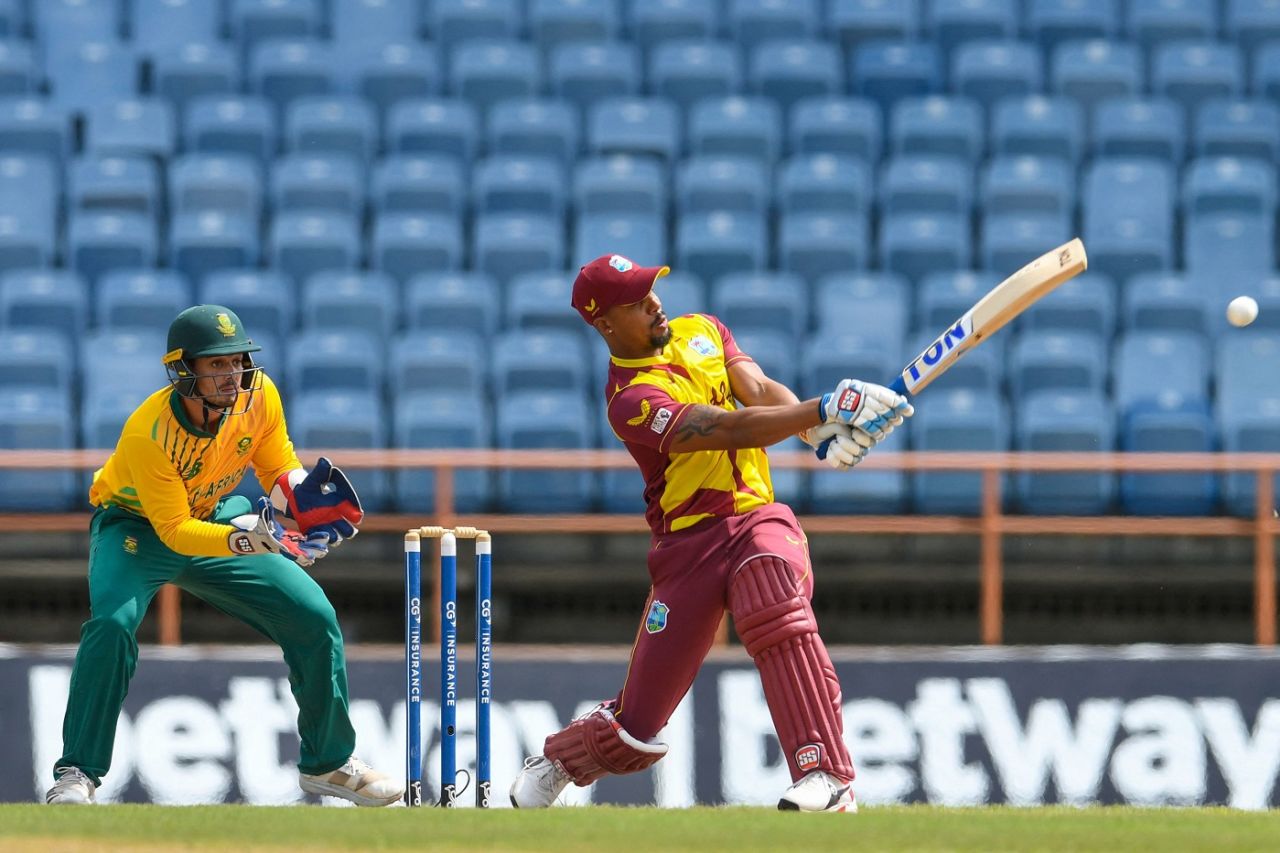 Lendl Simmons clobbered Aiden Markram for 20 runs in the opening over of the match, West Indies vs South Africa, 4th T20I, St George's, July 1, 2021