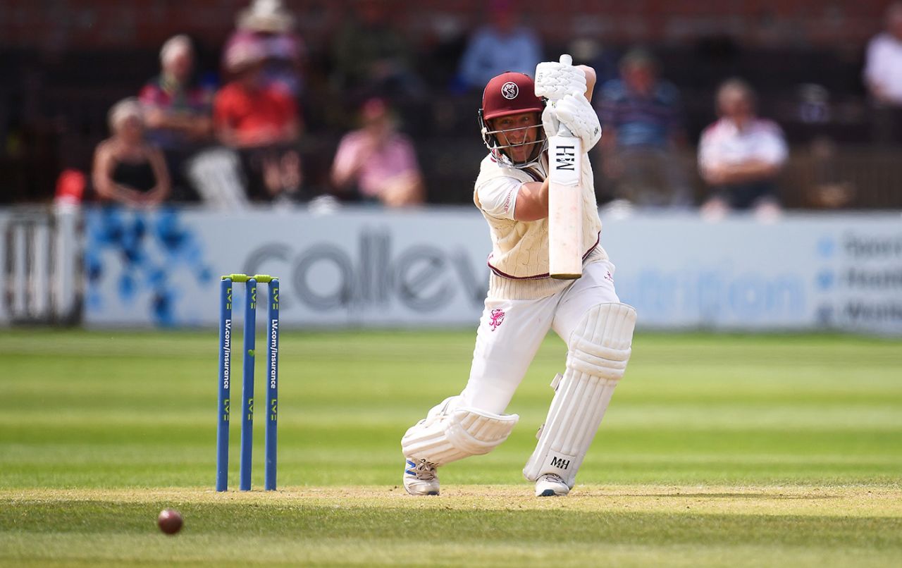 Roelof van der Merwe drives during his 76, Somerset vs Leicestershire, County Championship, Taunton, 2nd day, July 5, 2021