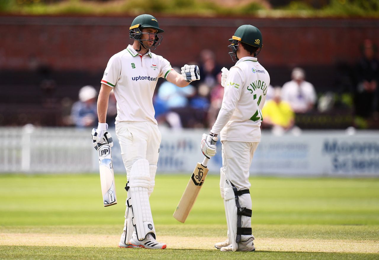 Colin Ackermann celebrates with Harry Swindells after reaching his half-century, Somerset vs Leicestershire, County Championship, Taunton, 3rd day, July 6, 2021