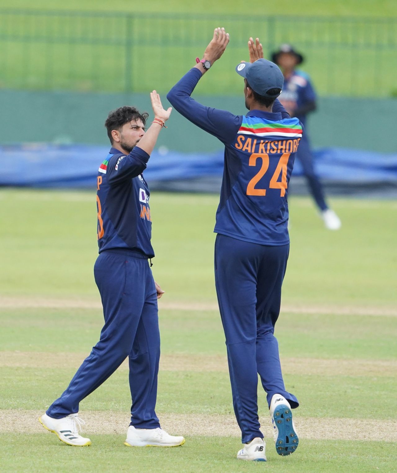 Kuldeep Yadav celebrates a wicket during an intra-squad practice match, Colombo, July 7, 2021