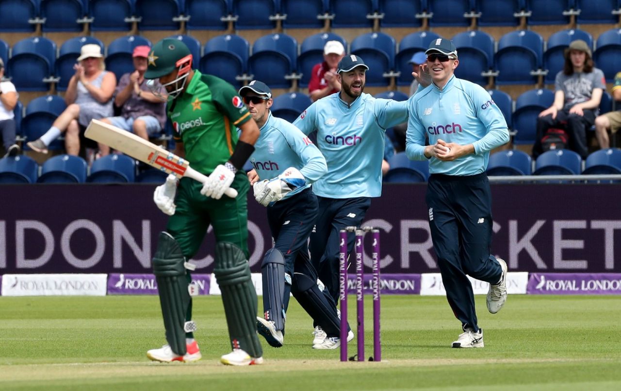 James Vince and Zak Crawley celebrate the dismissal of Babar Azam, England vs Pakistan, Cardiff, 1st ODI, July 8, 2021