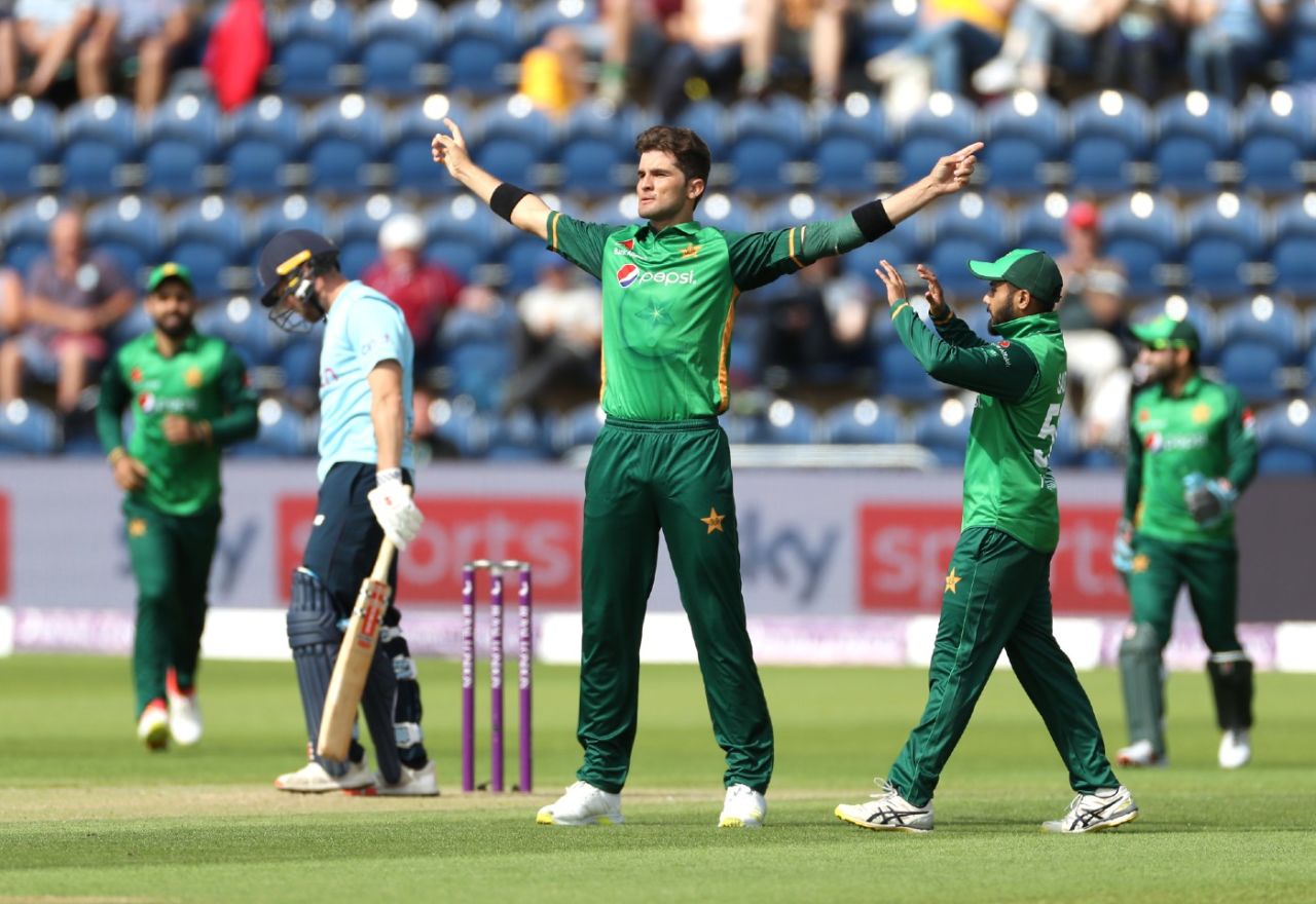 Shaheen Shah Afridi celebrates the dismissal of Phil Salt, England vs Pakistan, Cardiff, 1st ODI, July 8, 2021