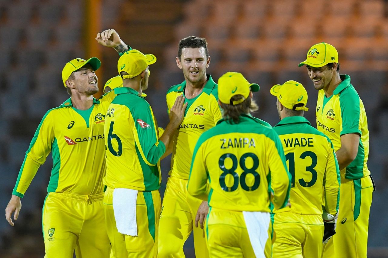 Josh Hazlewood had figures of 3-1-3-2 in the powerplay, West Indies vs Australia, 1st T20I, St Lucia, July 9, 2021