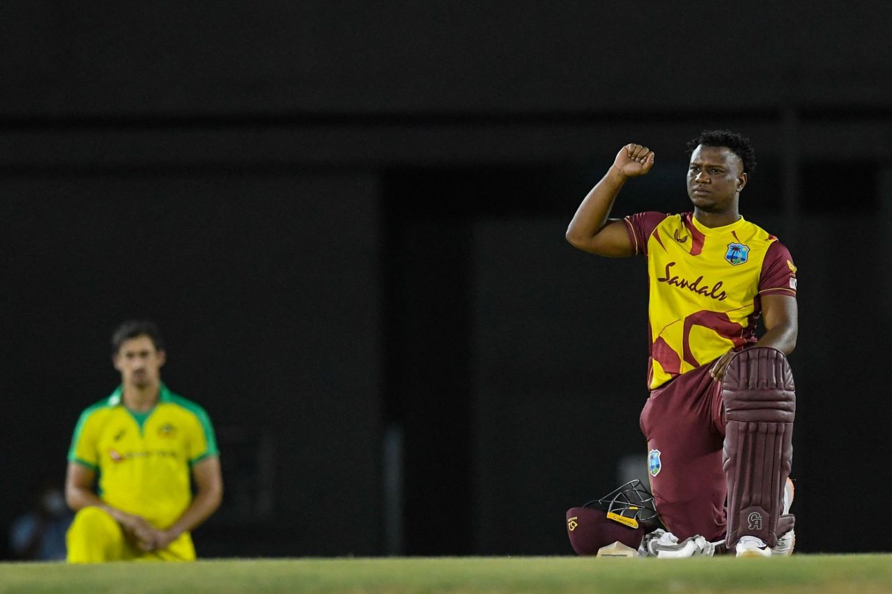 Evin Lewis and Mitchell Starc take a knee, West Indies vs Australia, 1st T20I, St Lucia, July 9, 2021