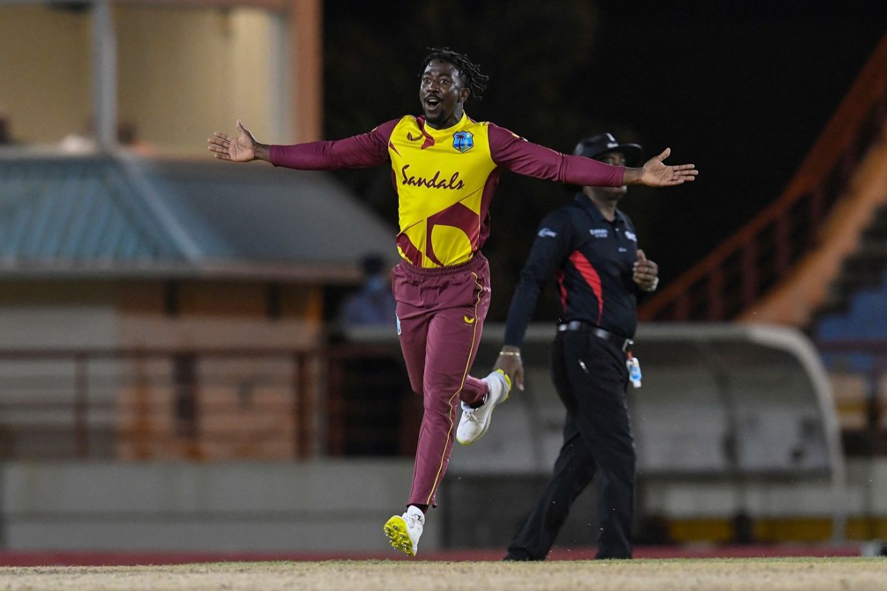 Hayden Walsh Jr. wheels away, West Indies vs Australia, 1st T20I, St Lucia, July 9, 2021