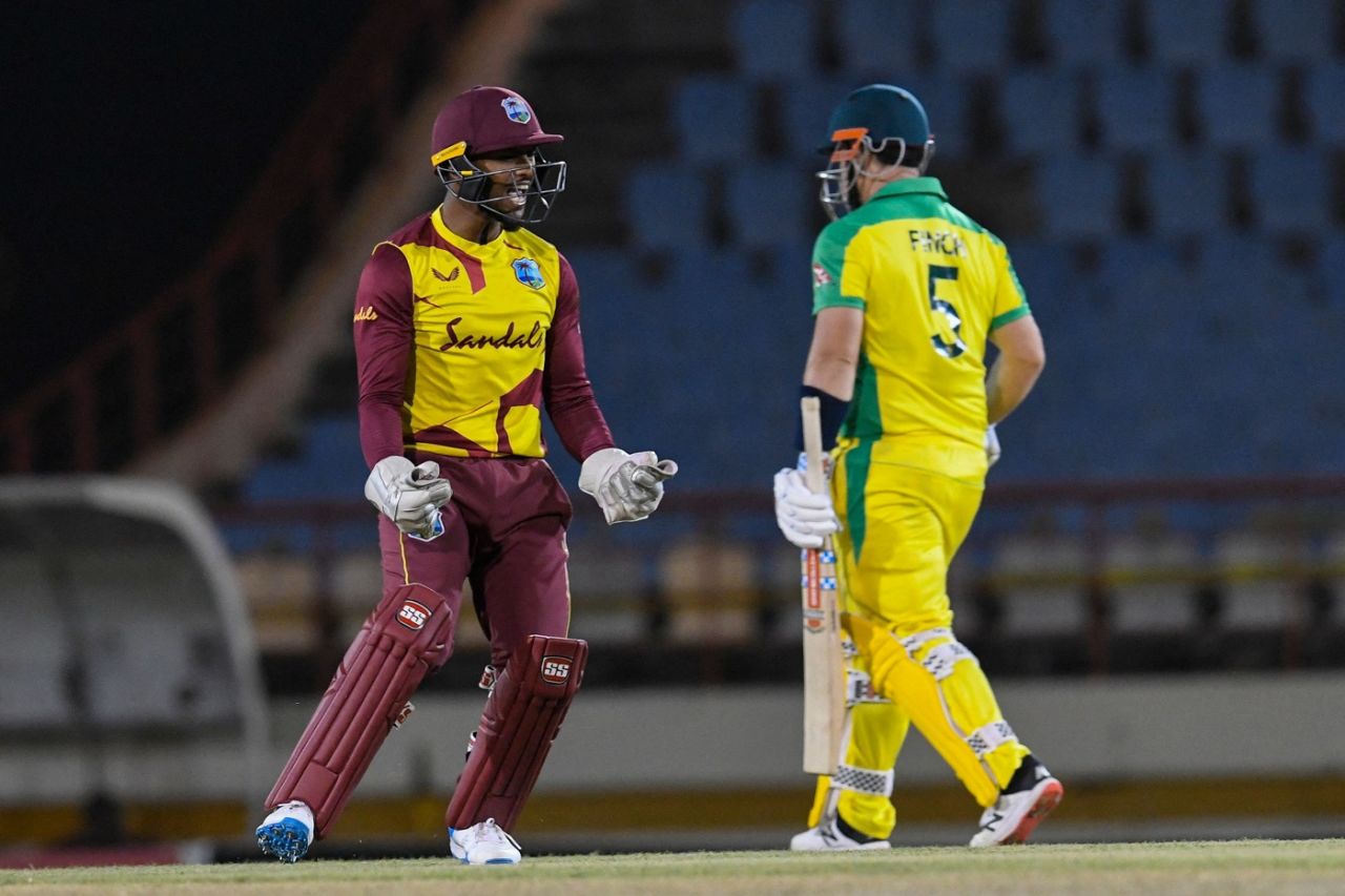 Nicholas Pooran celebrates the wicket of his opposite number Aaron Finch, West Indies vs Australia, 1st T20I, St Lucia, July 9, 2021