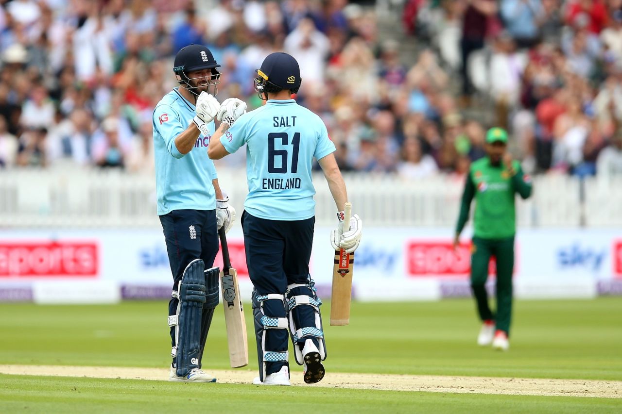 Phil Salt and James Vince during their 97-run partnership, England vs Pakistan, 2nd ODI, Lord's, July 10, 2021