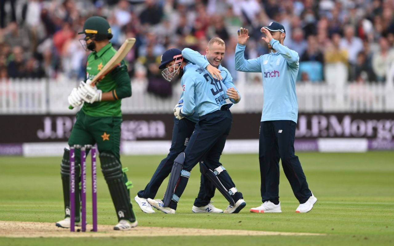 Matt Parkinson celebrates after John Simpson's fine leg-side catch, England vs Pakistan, 2nd ODI, Lord's, July 10, 2021
