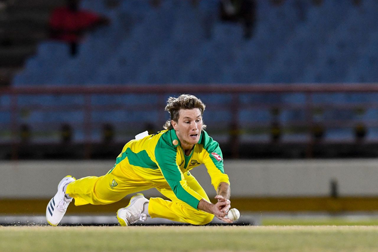 Adam Zampa couldn't quite claimed a caught-and-bowled chance, West Indies vs Australia 2nd T20I, St Lucia, July 10, 2021