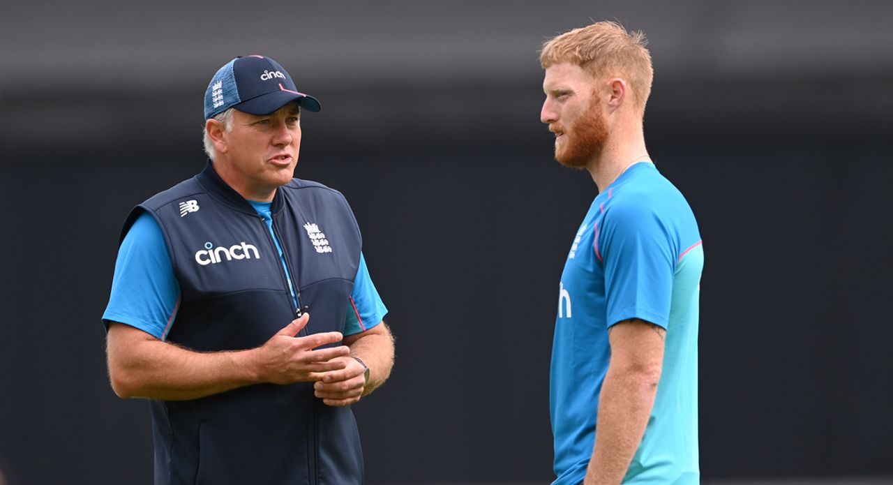 Chris Sliverwood talks to Ben Stokes at England training, Edgbaston, July 12, 2021