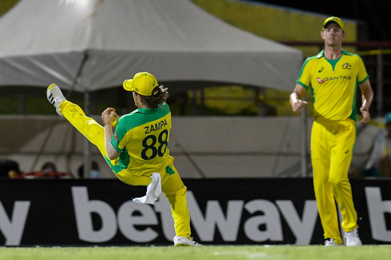 Adam Zampa managed to hold onto this catch, West Indies vs Australia, 3rd T20I, St Lucia, July 12, 2021