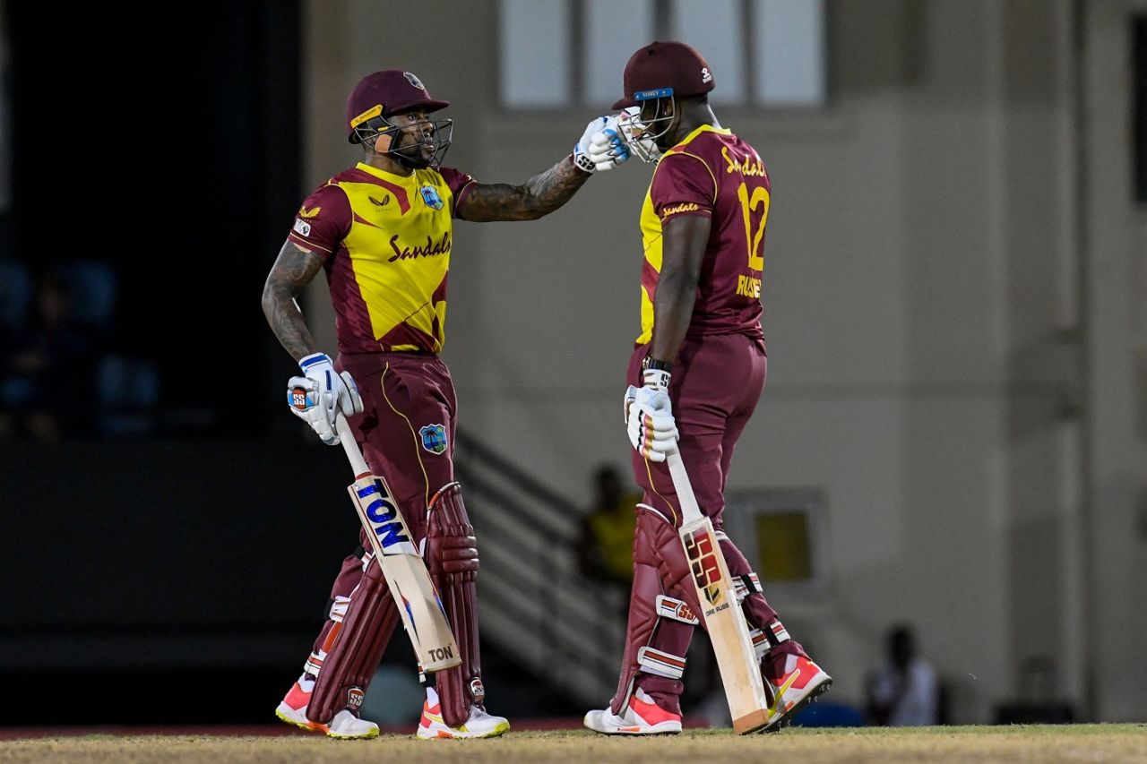 Fabian Allen and Andre Russell during their 47-run partnership, West Indies vs Australia, 4th T20I, St Lucia, July 14, 2021