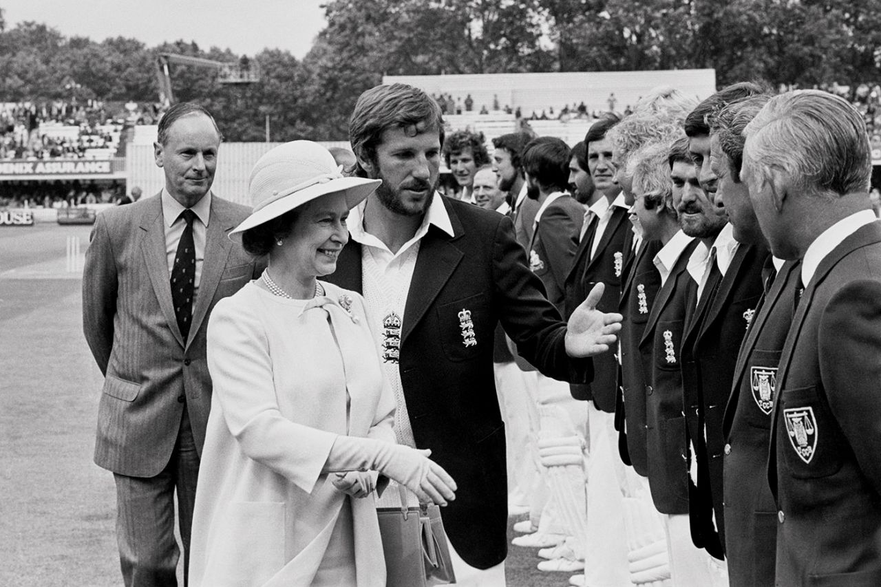 England captain Ian Botham introduces his team to Queen Elizabeth while MCC president Peter May looks on, England v Australia, Lord's, July 2, 1981