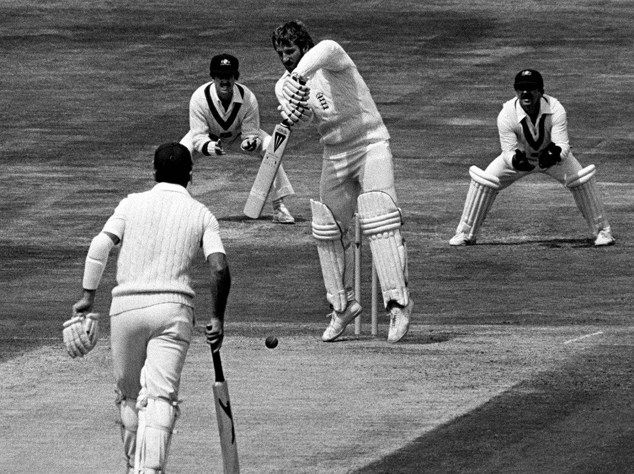 Ian Botham plays a defensive stroke, England v Australia, 3rd Test, Headingley, 4th day, July 20, 1981
