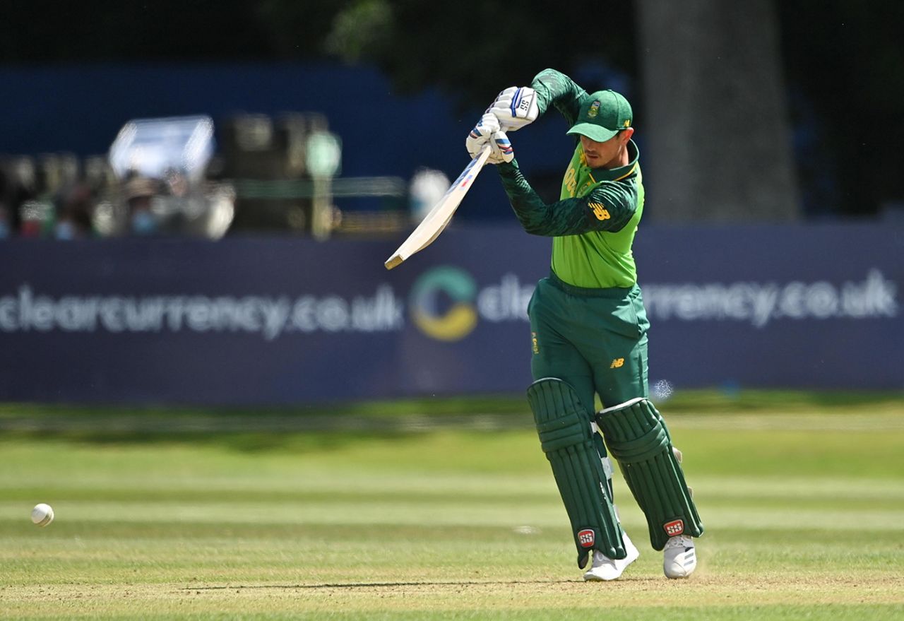 Quinton de Kock punches off the back foot, Ireland v South Africa, 3rd ODI, Malahide, July 16, 2021