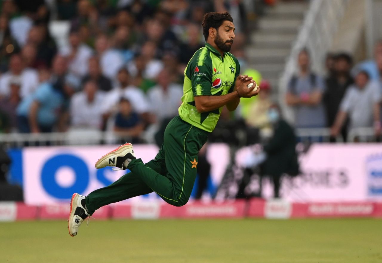 Haris Rauf leaps to dismiss Moeen Ali early in his innings, England vs Pakistan, Trent Bridge, 1st T20I, July 16, 2021