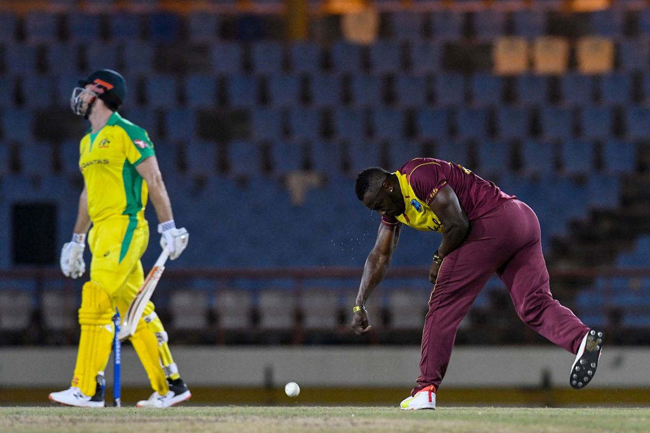 Andre Russell reacts after his caught and bowled to remove Mitchell Marsh, West Indies vs Australia, 5th T20I, St Lucia, July 16, 2021