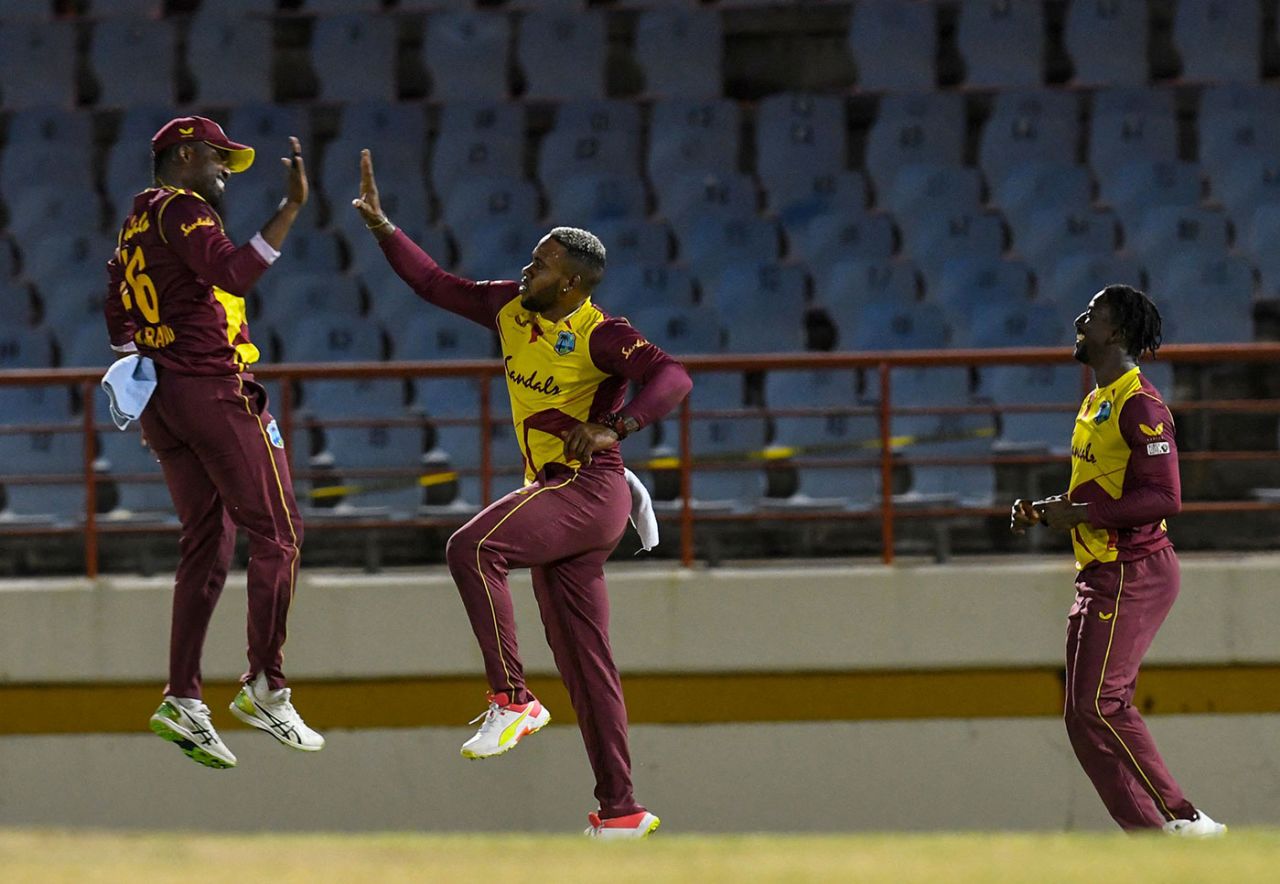 Fabian Allen celebrates his astonishing catch, West Indies vs Australia, 5th T20I, St Lucia, July 16, 2021