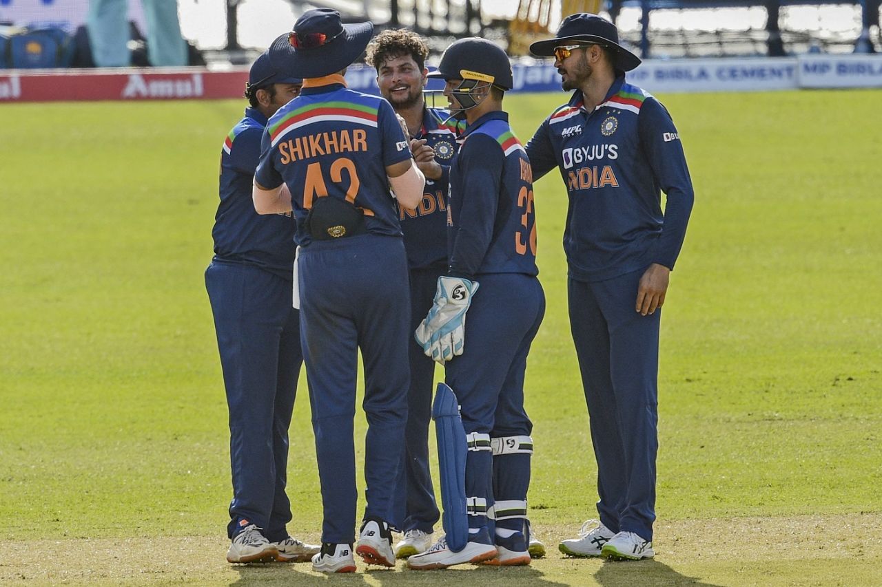 Kuldeep Yadav is mobbed by his team-mates, India vs Sri Lanka, 1st ODI, Colombo, July 18, 2021