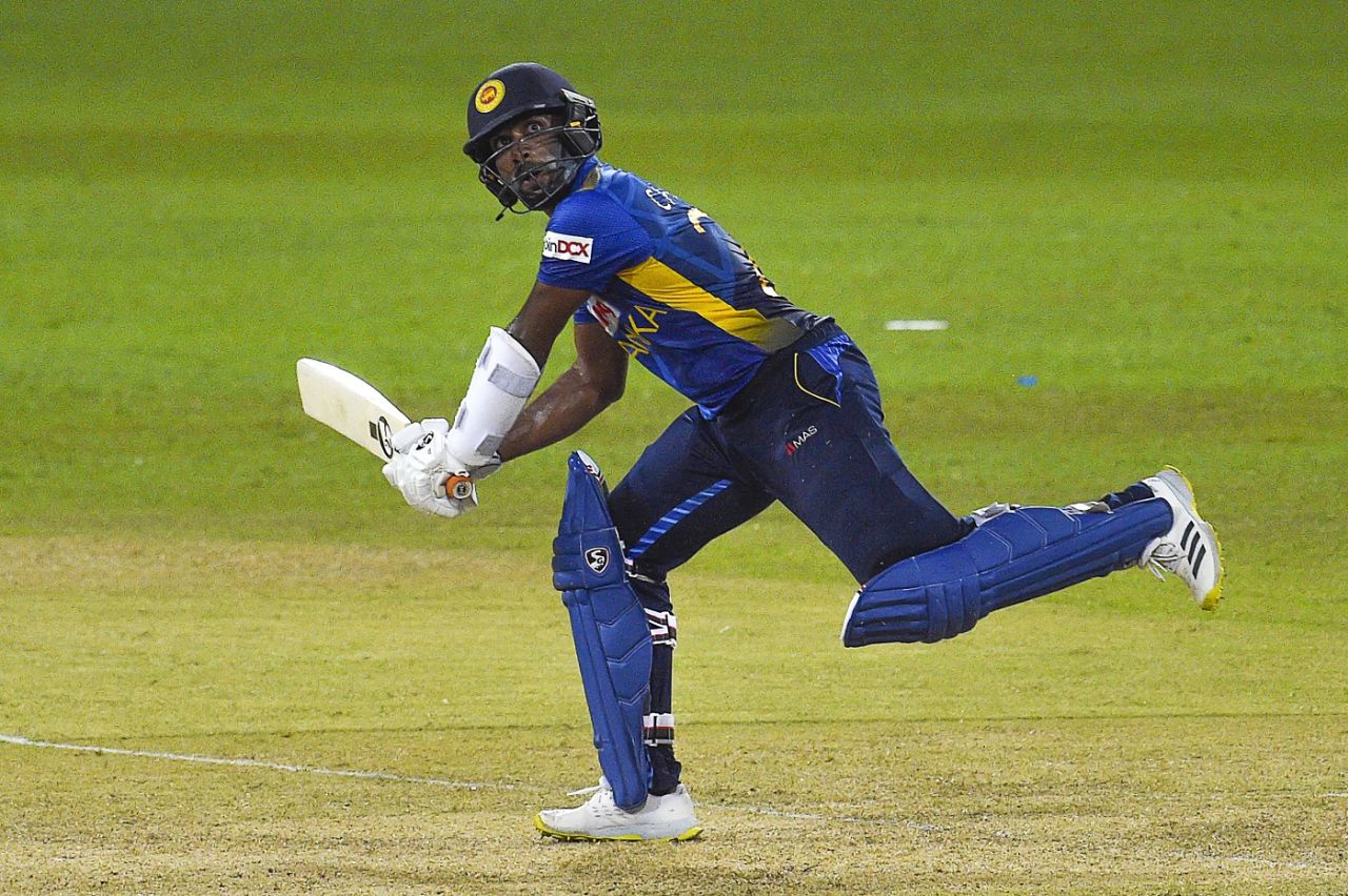 Chimika Karunaratne cleared the leg-side boundary with a helicopter shot, India vs Sri Lanka, 1st ODI, Colombo, July 18, 2021
