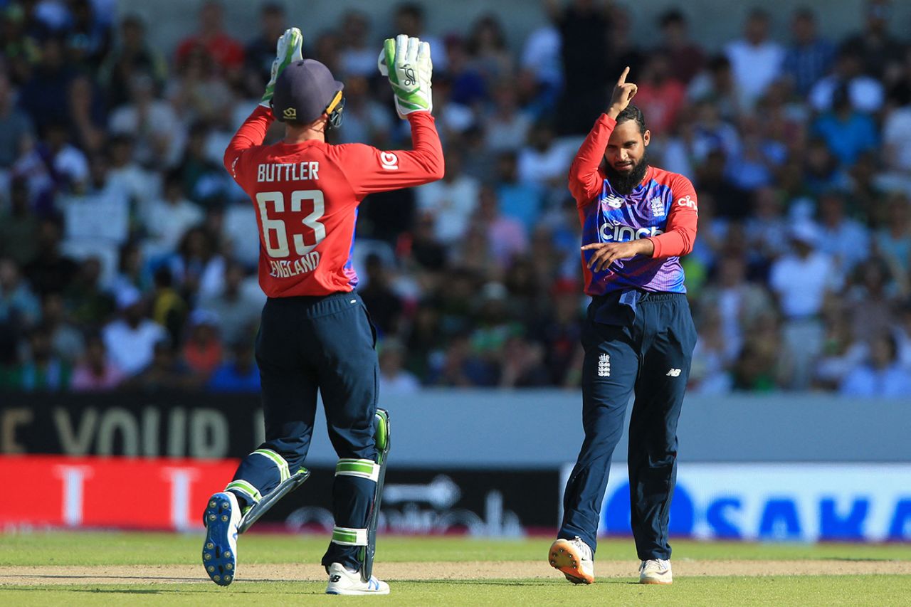 Adil Rashid celebrates a wicket, England vs Pakistan, 2nd T20I, Headingley, July 18, 2021