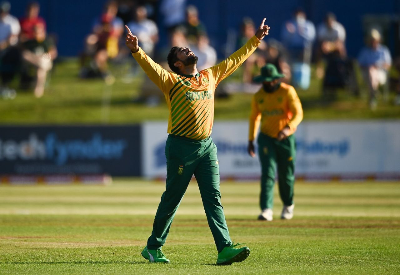 Tabraiz Shamsi is all smiles after getting Mark Adair, Ireland vs South Africa, 1st T20I, Malahide, July 19, 2021