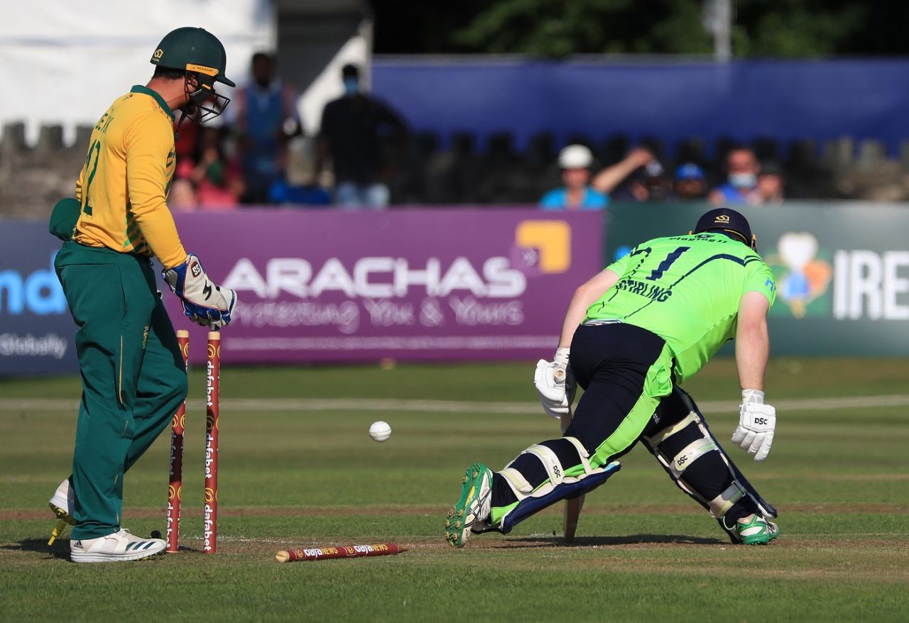 Paul Stirling's stumps are all over the place after he is bowled by George Linde, Ireland vs South Africa, 1st T20I, Malahide, July 19, 2021