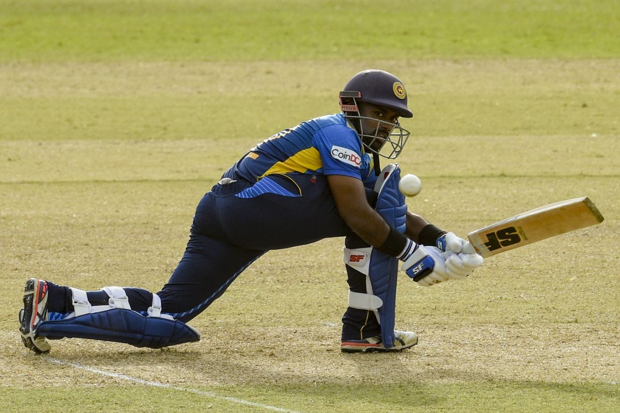 Charith Asalanka lunges forward to sweep, Sri Lanka vs India, 2nd ODI, Colombo, July 20, 2021