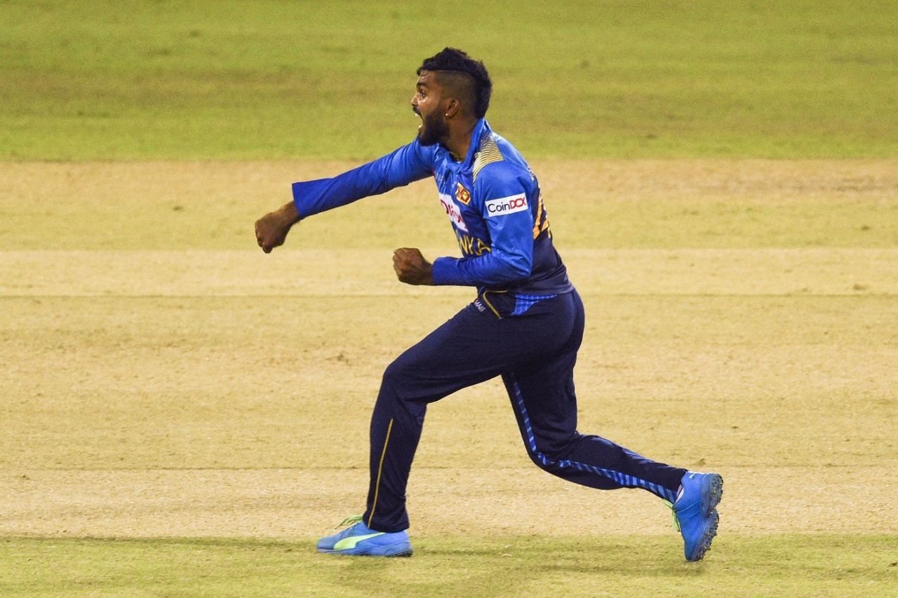Wanindu Hasaranga celebrates a wicket, Sri Lanka vs India, 2nd ODI, Colombo, July 20, 2021