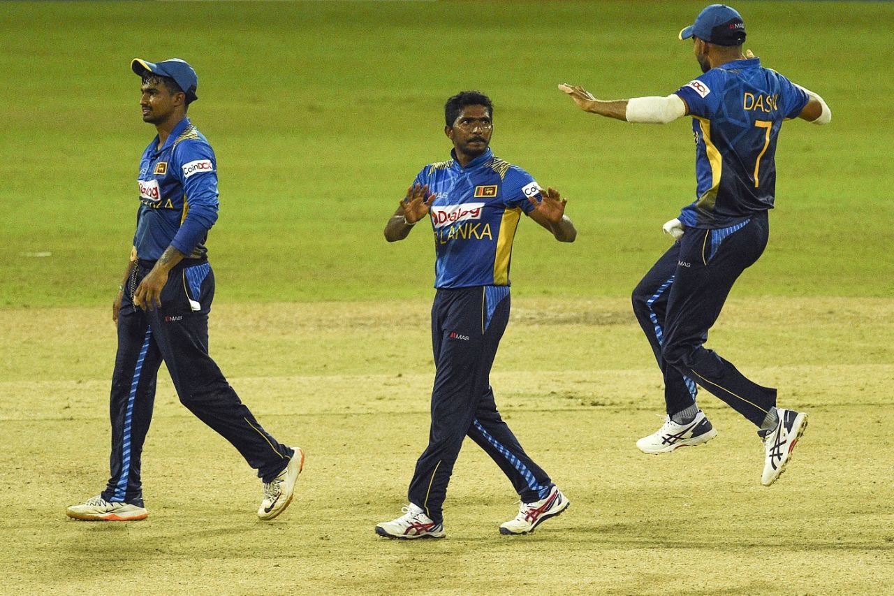 Lakshan Sandakan celebrates after dismissing Suryakumar Yadav, Sri Lanka vs India, 2nd ODI, Colombo, July 20, 2021