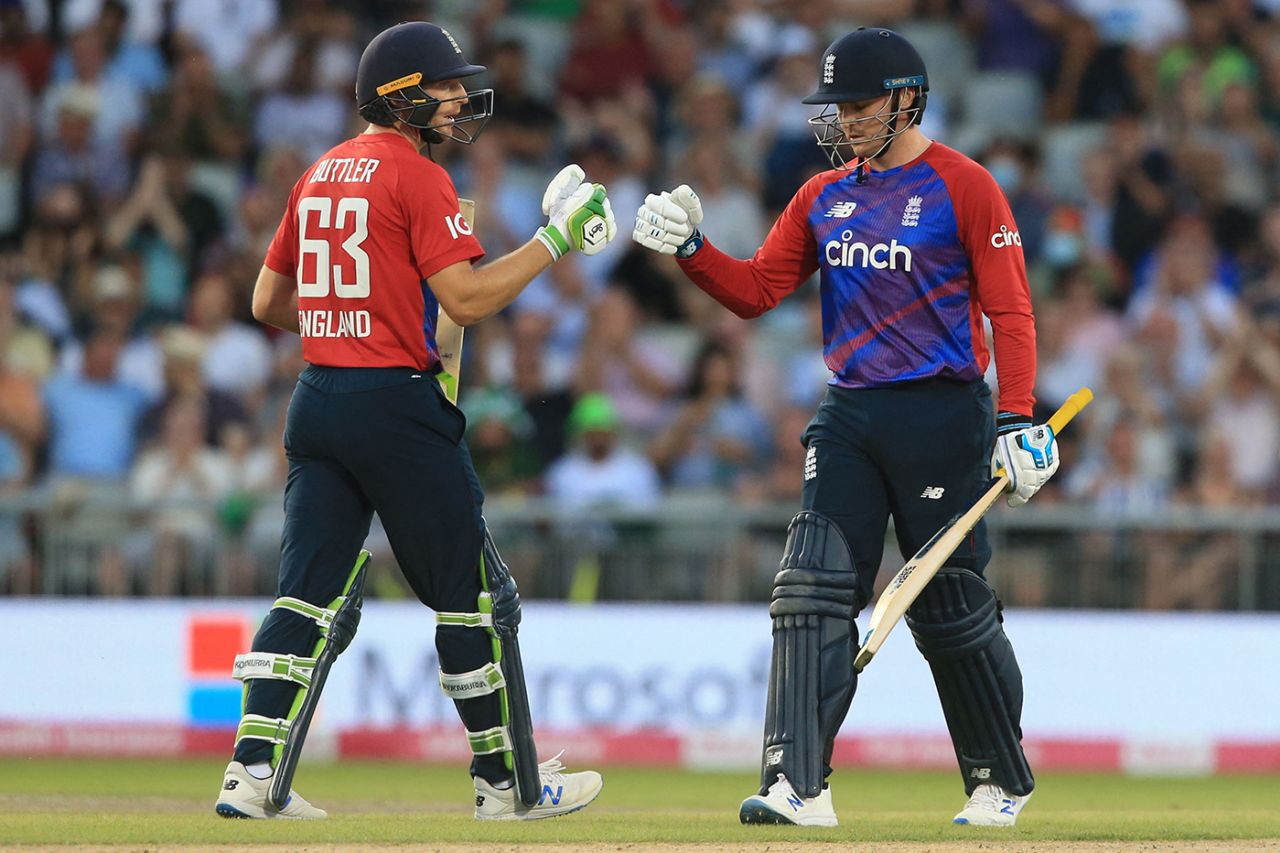 Jos Buttler and Jason Roy exchange a fist bump, England vs Pakistan, 3rd T20I, Old Trafford, July 20, 2021