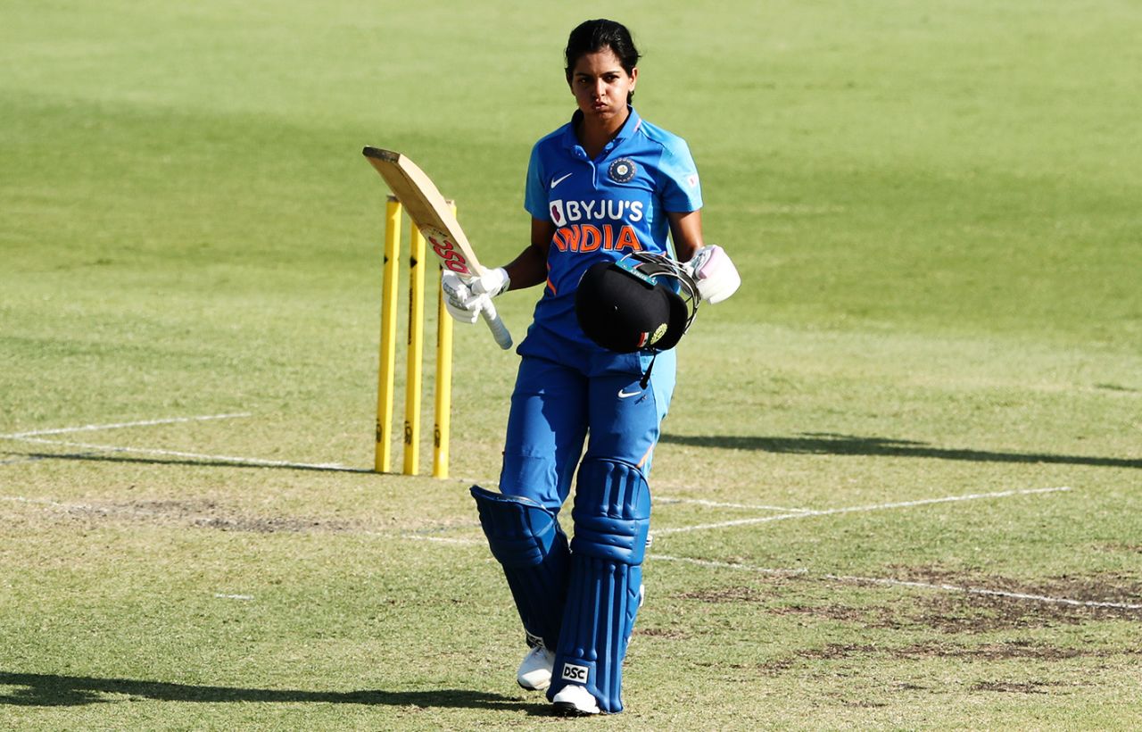 Priya Punia raises her bat after getting to her century, Australia A v India A, 2nd ODI, Brisbane, December 14, 2019